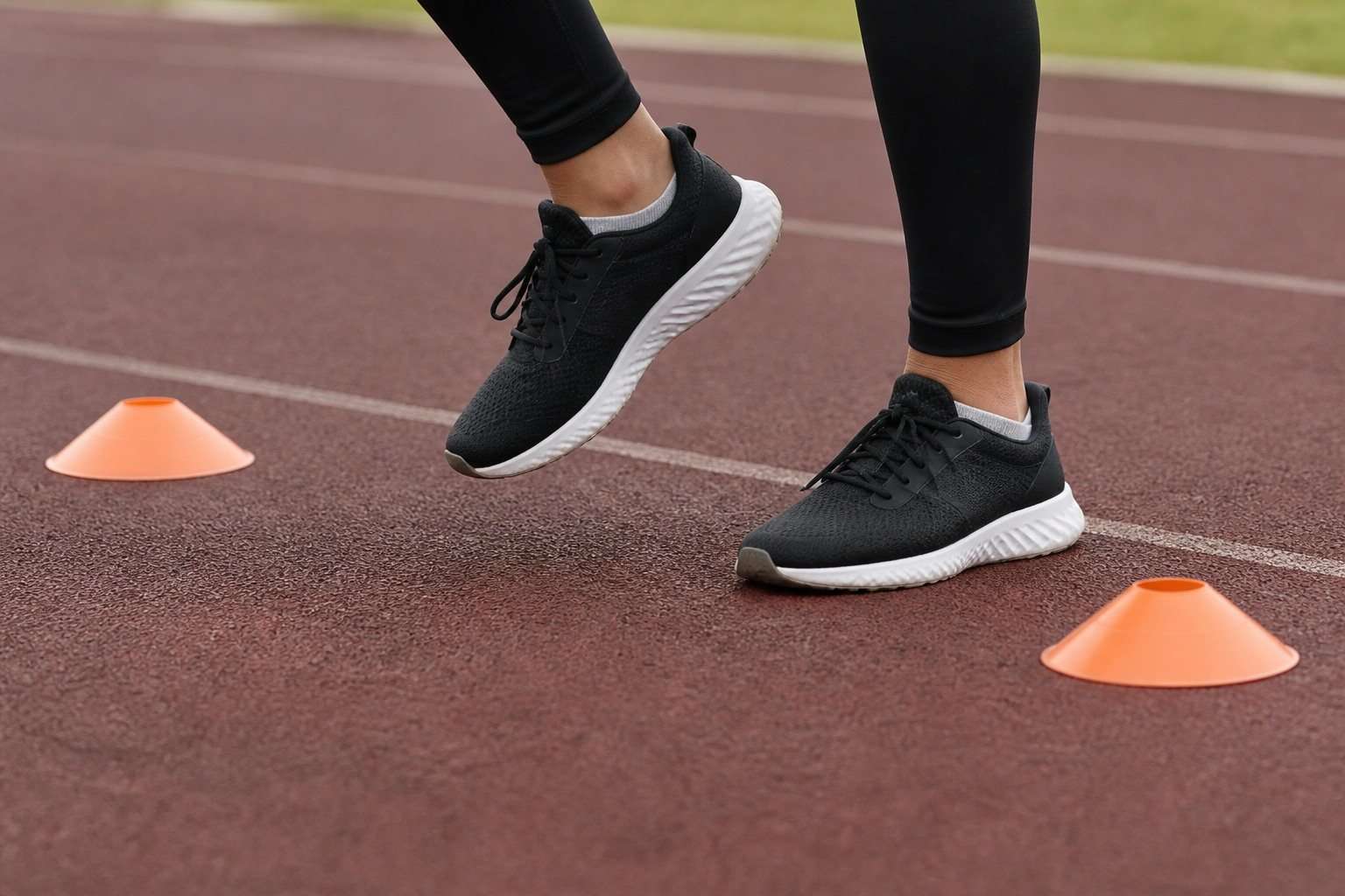 Pies de una corredora completando ejercicios entre conos en una pista